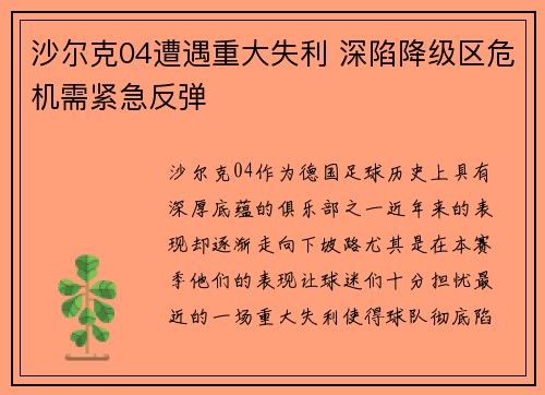 沙尔克04遭遇重大失利 深陷降级区危机需紧急反弹 沙尔克04遭遇重大失利 深陷降级区危机需紧急反弹