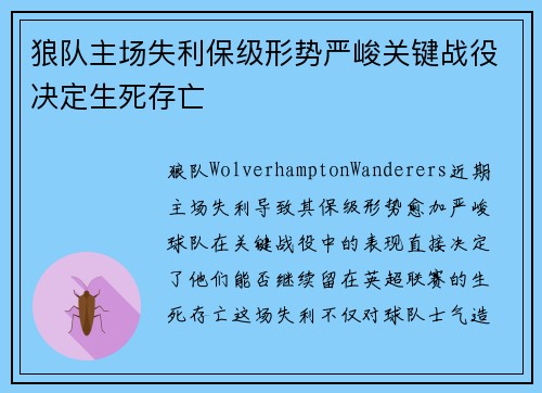 狼队主场失利保级形势严峻关键战役决定生死存亡 狼队主场失利保级形势严峻关键战役决定生死存亡