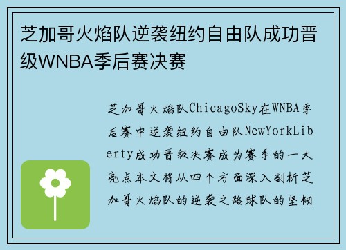 芝加哥火焰队逆袭纽约自由队成功晋级WNBA季后赛决赛
