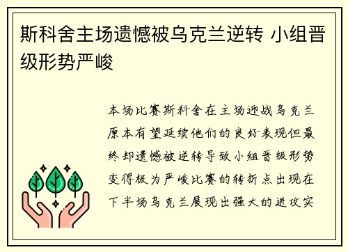 斯科舍主场遗憾被乌克兰逆转 小组晋级形势严峻